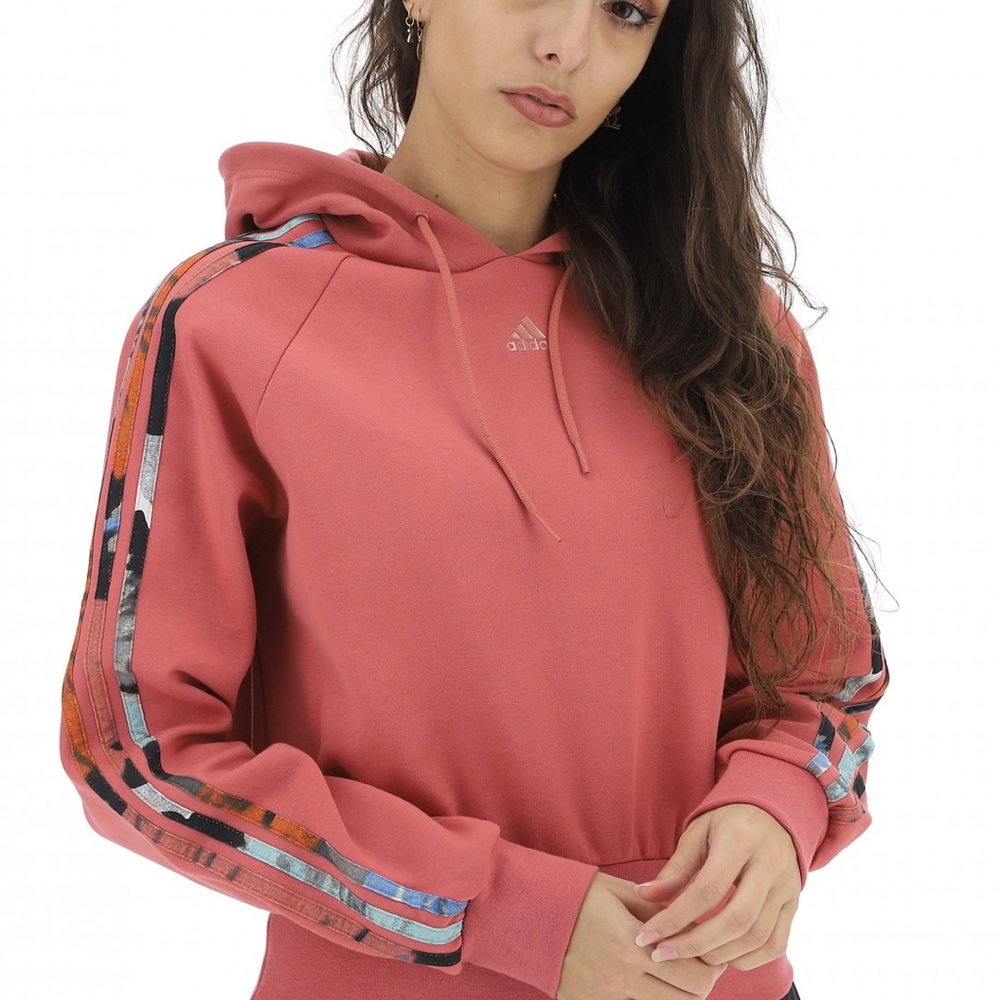 Adidas Pink Cropped Hoodie with Colorful Stripes on Sleeves